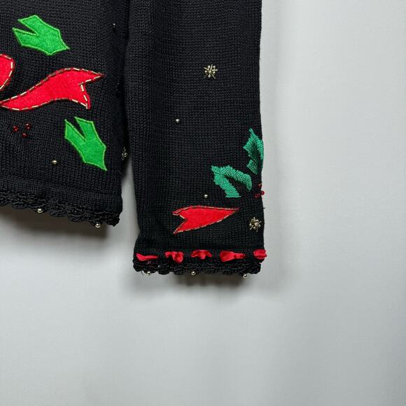 Vintage Christmas Mistletoe Embroidered Beaded Holly Knit Cardigan Sweater Sz - Picture 4 of 4